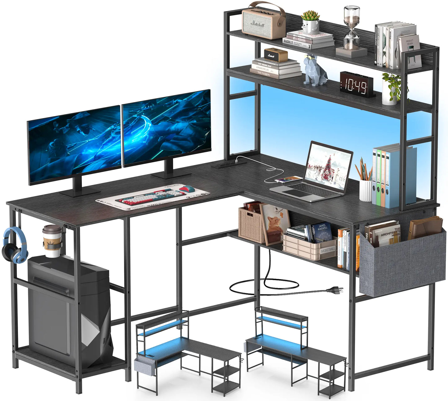 L Shaped Gaming Desk with LED Lights & Power Outlets Computer Desk with Hutch Office Desk with Storage Shelf, Headphone Hook,Cup Holder