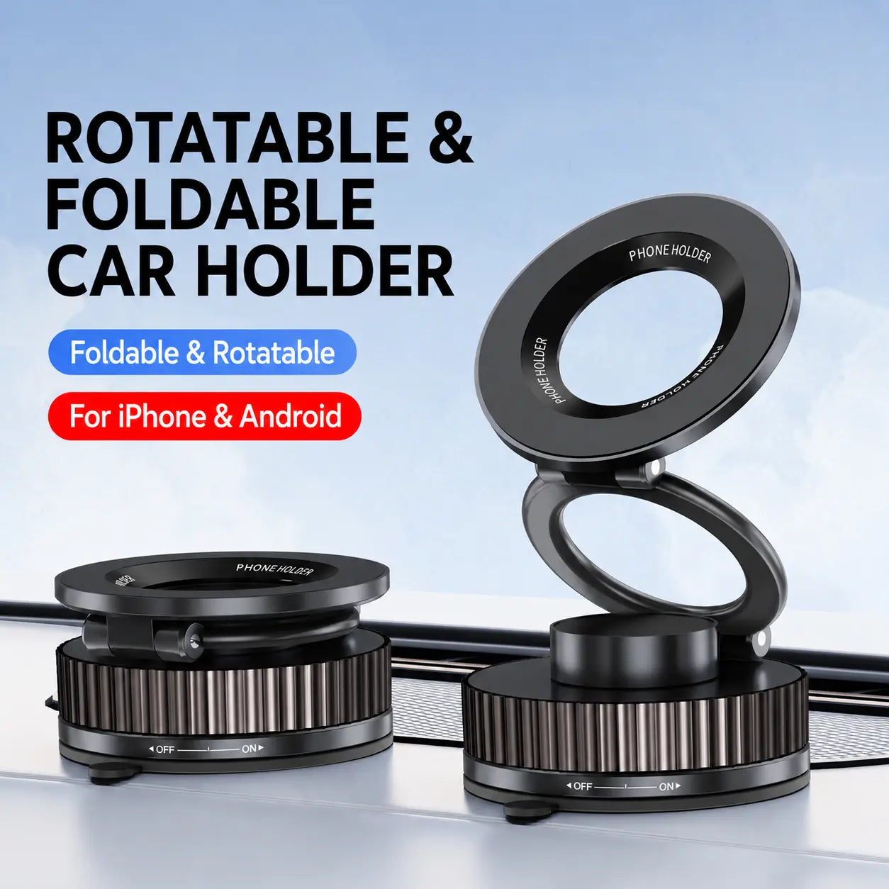 Foldable Magnetic Car Phone Holder for Magsafe Devices - 20 N52 Magnets, 360-Degree Rotation, Vacuum Suction Cup with Heat-Resistant Nano-Adhesive Base, Automotive Interior Accessory