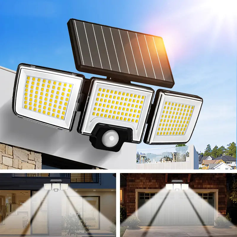 Solar Motion Sensor Outdoor Light 3-Head 216 LED Security Floodlight with Remote Control IP65 Waterproof Adjustable Wall Lamp Solar Powered Exterior Light for Garden Garage Yard Porch Driveway
