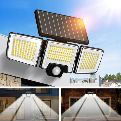 Solar Motion Sensor Outdoor Light 3-Head 216 LED Security Floodlight with Remote Control IP65 Waterproof Adjustable Wall Lamp Solar Powered Exterior Light for Garden Garage Yard Porch Driveway