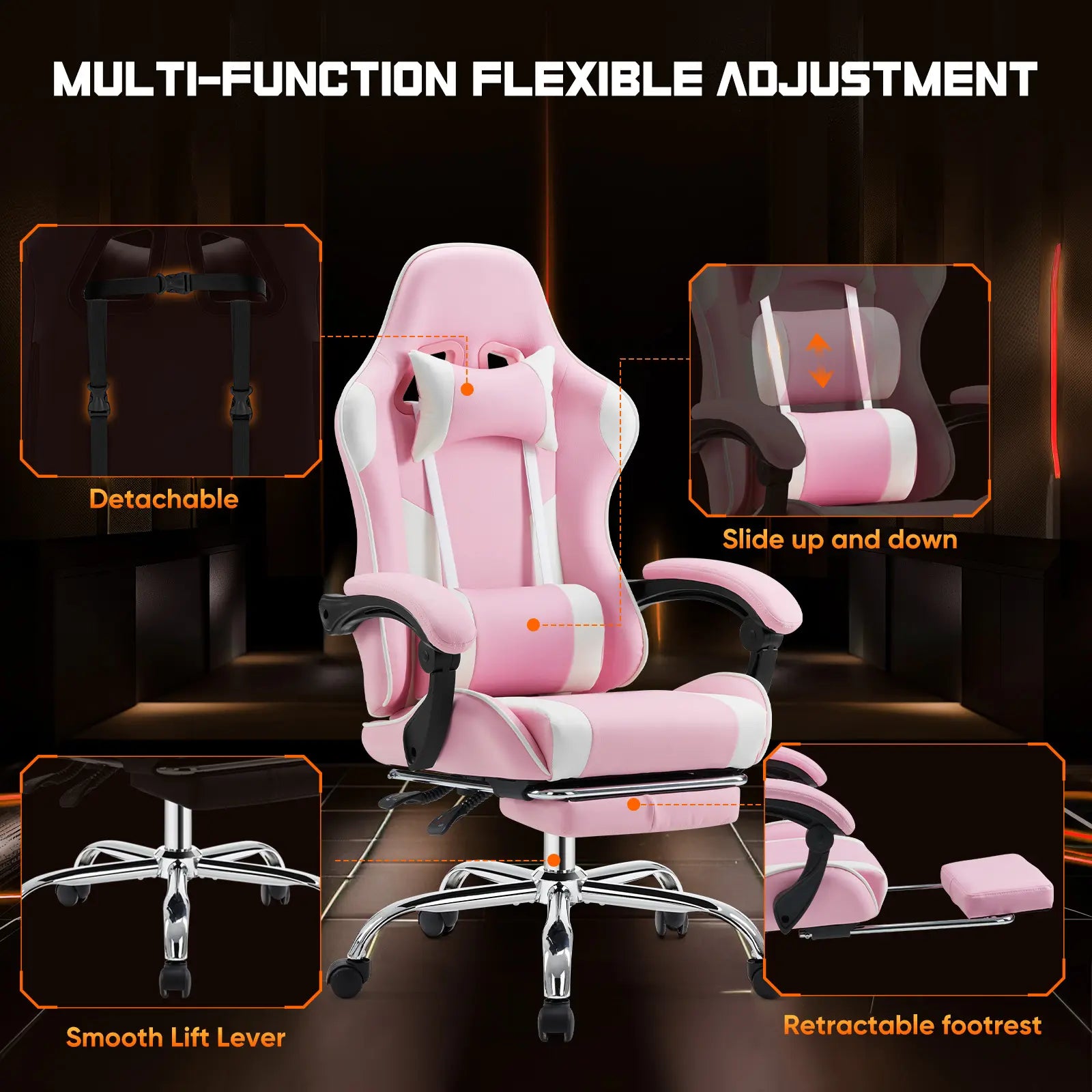 Furnest Ergonomic Gaming Office Chair - PU Leather Indoor Furniture Recliner with Height Adjustment, Fixed-Up Armrest, Headrest, Footrest, 360° Swivel, Barstool Design Elements for Game Desks, Computer Use, Gaming Chair