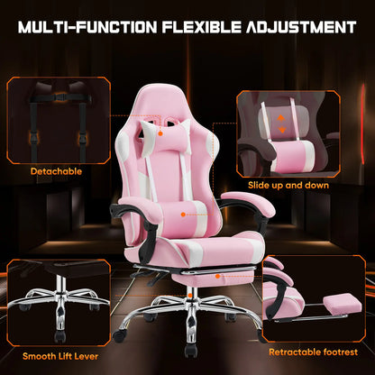 Furnest Ergonomic Gaming Office Chair - PU Leather Indoor Furniture Recliner with Height Adjustment, Fixed-Up Armrest, Headrest, Footrest, 360° Swivel, Barstool Design Elements for Game Desks, Computer Use, Gaming Chair