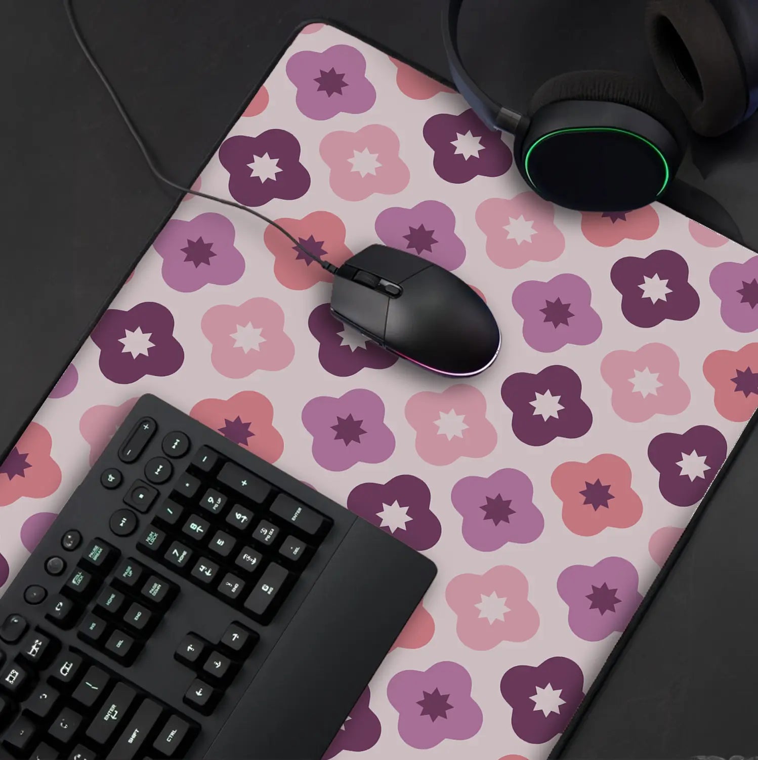 Pink Flower Geometric Mousepad - Extra Large, Anti-Slip Rubber Base, Gaming Mousepad Design Extended Non-Slip Mousepad