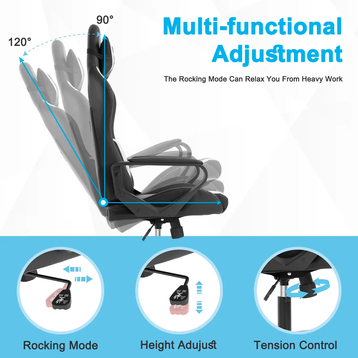 Adjustable High-Back Executive Gaming Chair with Lumbar Support and Rolling Casters for PC Executive High-Back Chair for Gaming and Office with Ergonomic Features, PU Leather