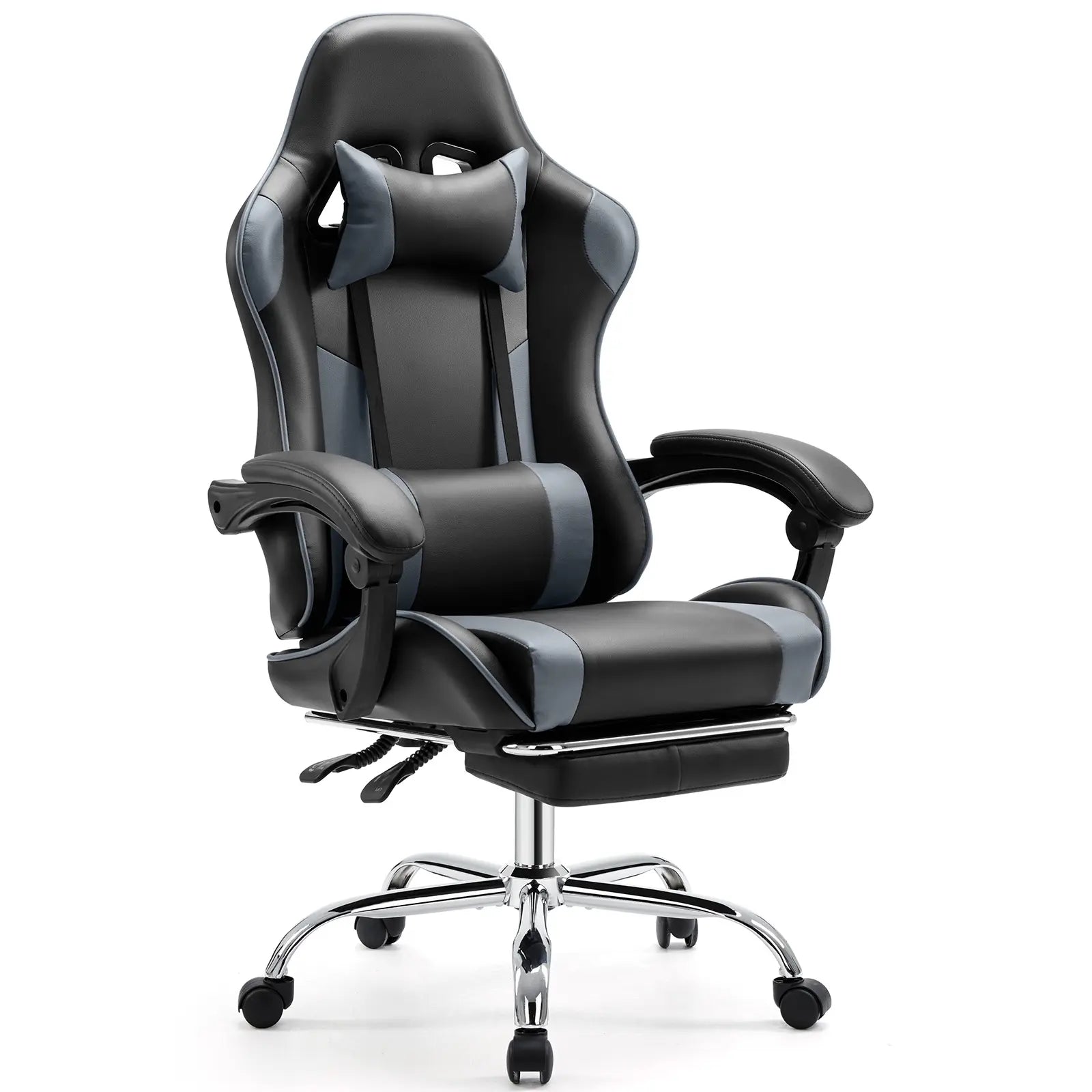 Furnest Ergonomic Gaming Office Chair - PU Leather Indoor Furniture Recliner with Height Adjustment, Fixed-Up Armrest, Headrest, Footrest, 360° Swivel, Barstool Design Elements for Game Desks, Computer Use, Gaming Chair