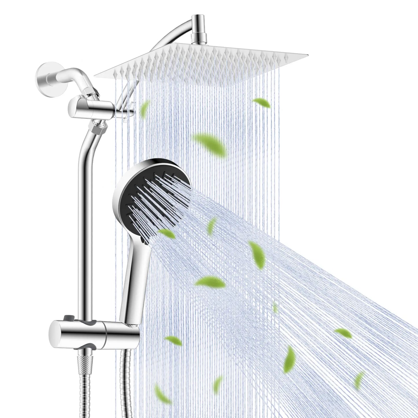 Hibbent Upgraded 10'' Shower Head Combo, High Pressure Rainfall Showerhead with 5 Spray Modes Handheld, All Metal 3-Way Diverter Shower Arm, 59'' Hose and Holder, Height Adjustable Dual Shower Head, Chrome