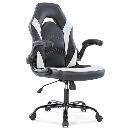 Furnest Ergonomic Gaming Office Chair - PU Leather Indoor Furniture Recliner with Height Adjustment, Fixed-Up Armrest, Headrest, Footrest, 360° Swivel, Barstool Design Elements for Game Desks, Computer Use, Gaming Chair