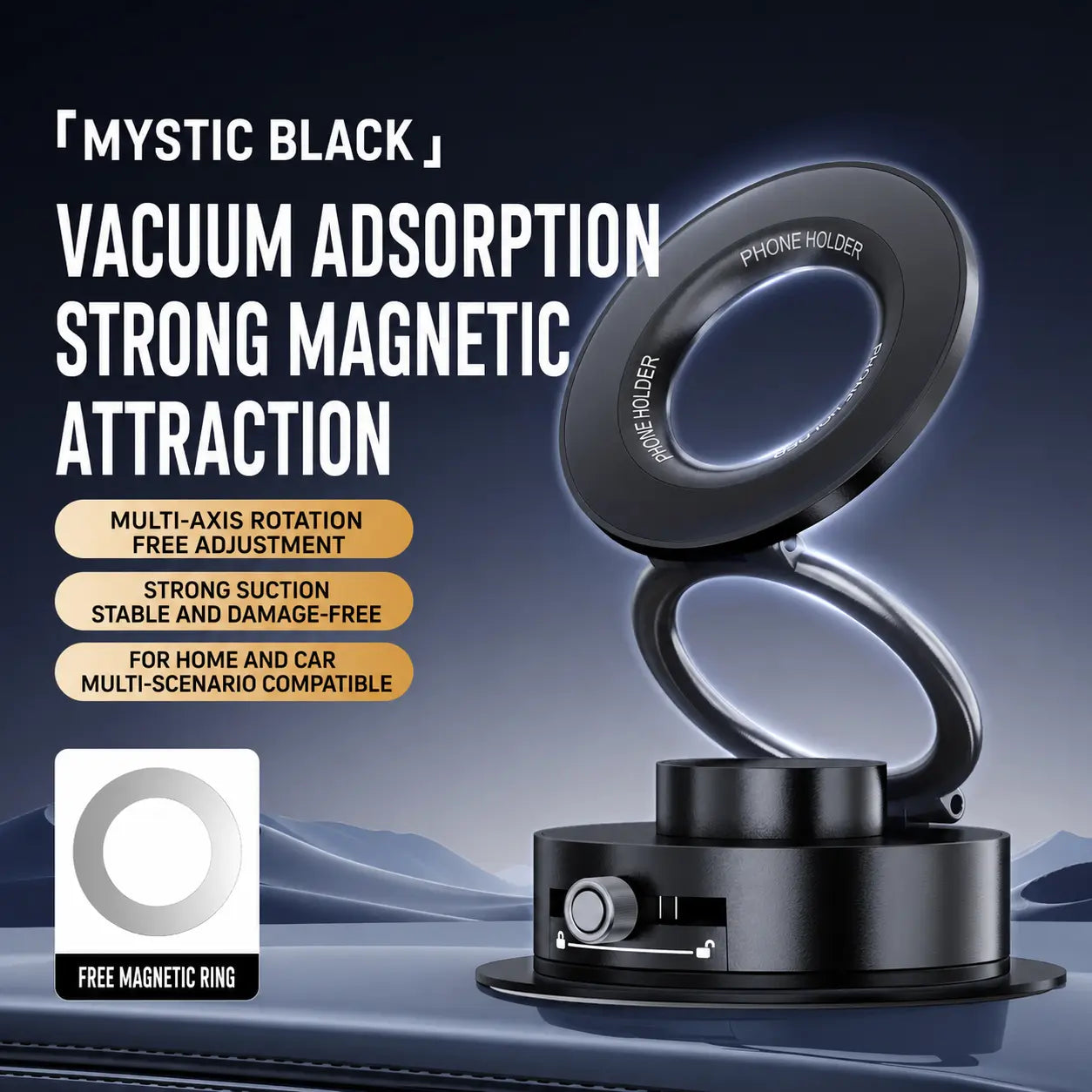 Foldable Magnetic Car Phone Holder for Magsafe Devices - 20 N52 Magnets, 360-Degree Rotation, Vacuum Suction Cup with Heat-Resistant Nano-Adhesive Base, Automotive Interior Accessory