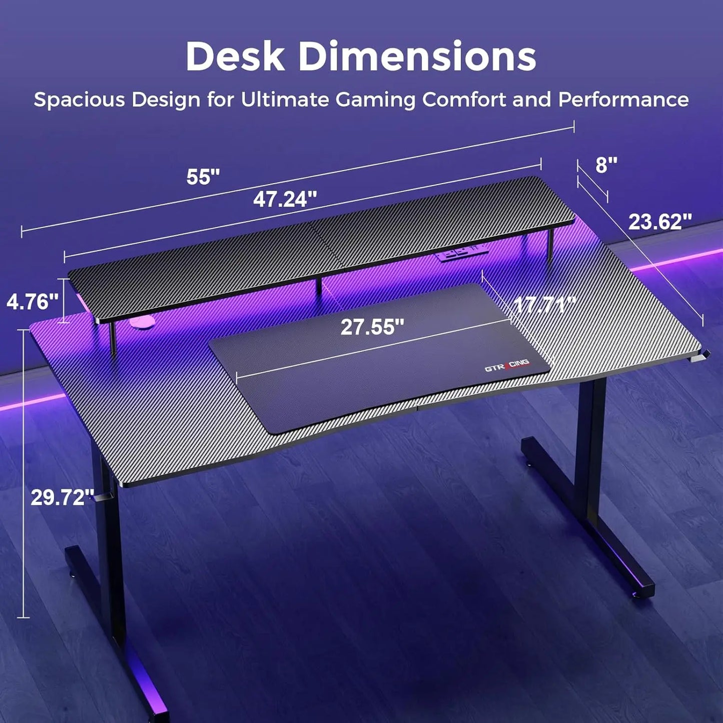 GTRACING 55 Inch Gaming Desk with Ergonomic Monitor Stand & RGB Lighting Carbon Fiber Surface Power Outlets Mouse Pad LED Lights for Home Office Modern Style