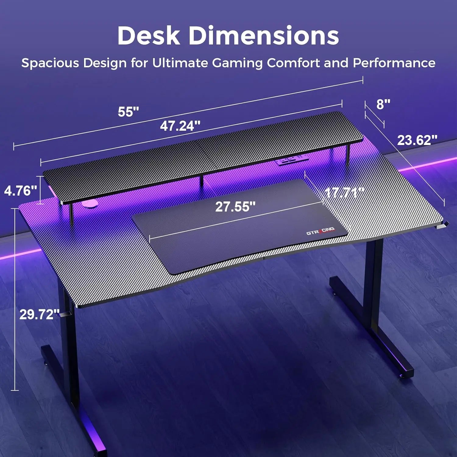 GTRACING 55 Inch Gaming Desk with Ergonomic Monitor Stand & RGB Lighting Carbon Fiber Surface Power Outlets Mouse Pad LED Lights for Home Office Modern Style