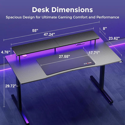 GTRACING 55 Inch Gaming Desk with Ergonomic Monitor Stand & RGB Lighting Carbon Fiber Surface Power Outlets Mouse Pad LED Lights for Home Office Modern Style