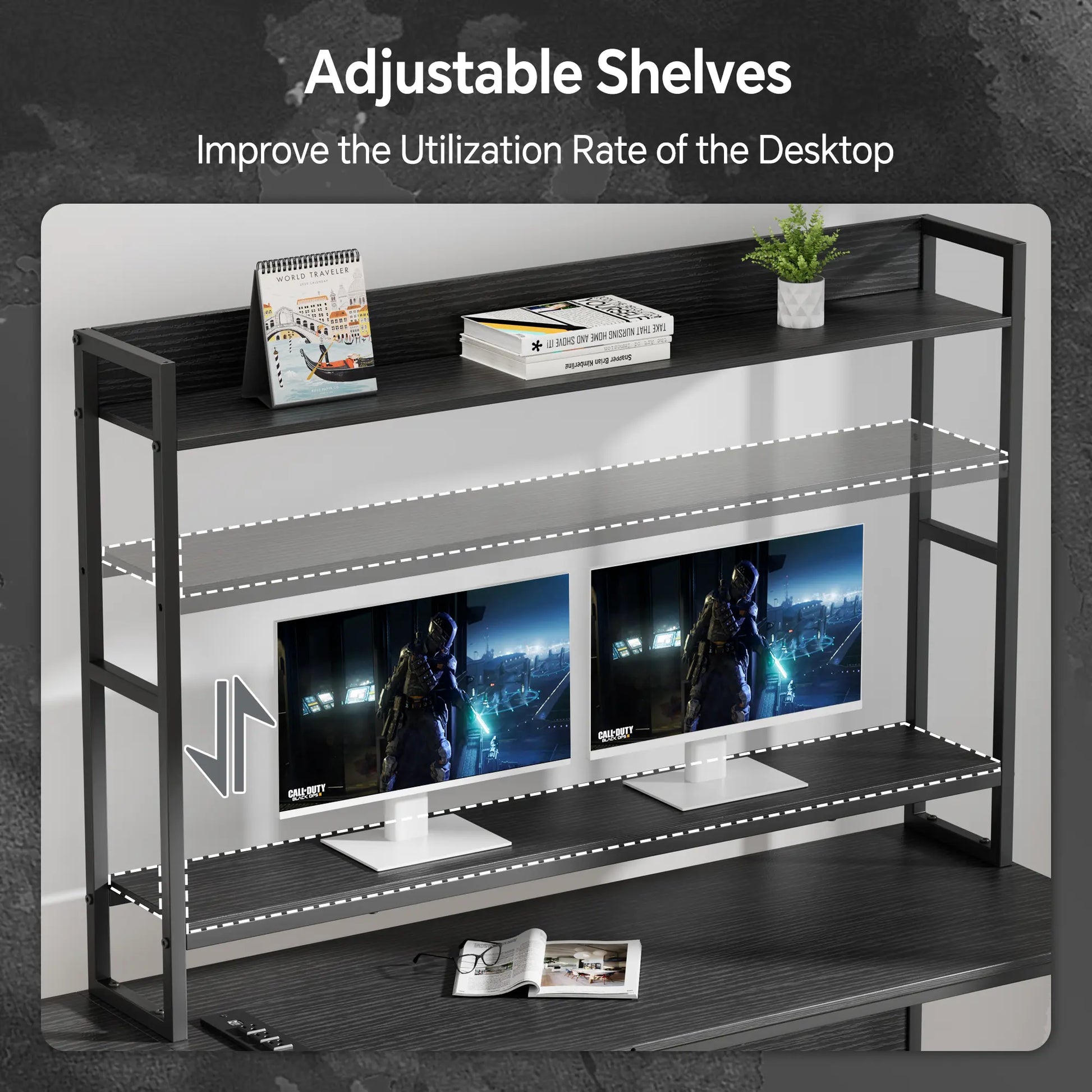 L Shaped Gaming Desk with LED Lights & Power Outlets Computer Desk with Hutch Office Desk with Storage Shelf, Headphone Hook,Cup Holder