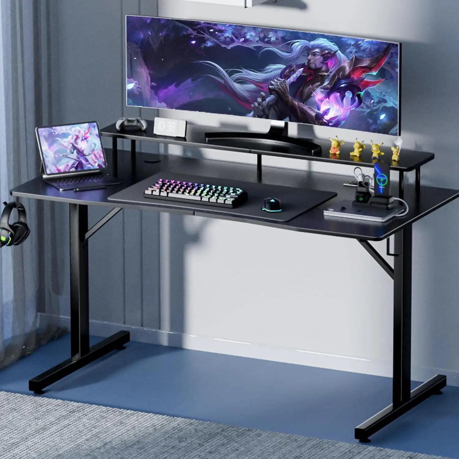 GTRACING 55 Inch Gaming Desk with Ergonomic Monitor Stand & RGB Lighting Carbon Fiber Surface Power Outlets Mouse Pad LED Lights for Home Office Modern Style