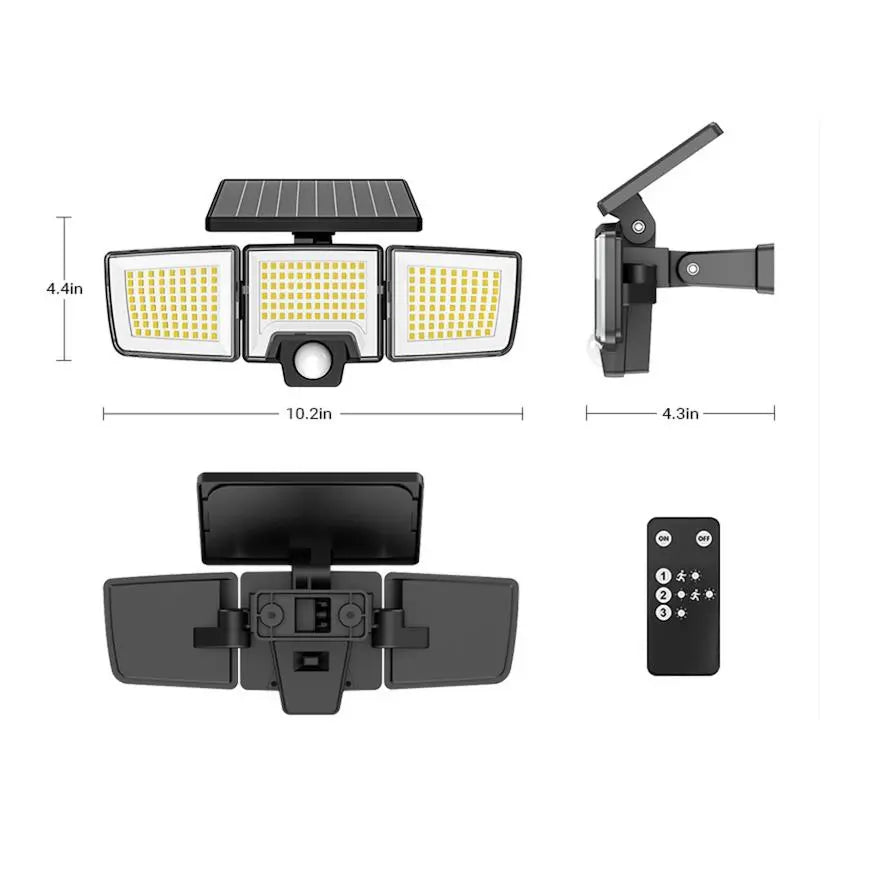 Solar Motion Sensor Outdoor Light 3-Head 216 LED Security Floodlight with Remote Control IP65 Waterproof Adjustable Wall Lamp Solar Powered Exterior Light for Garden Garage Yard Porch Driveway