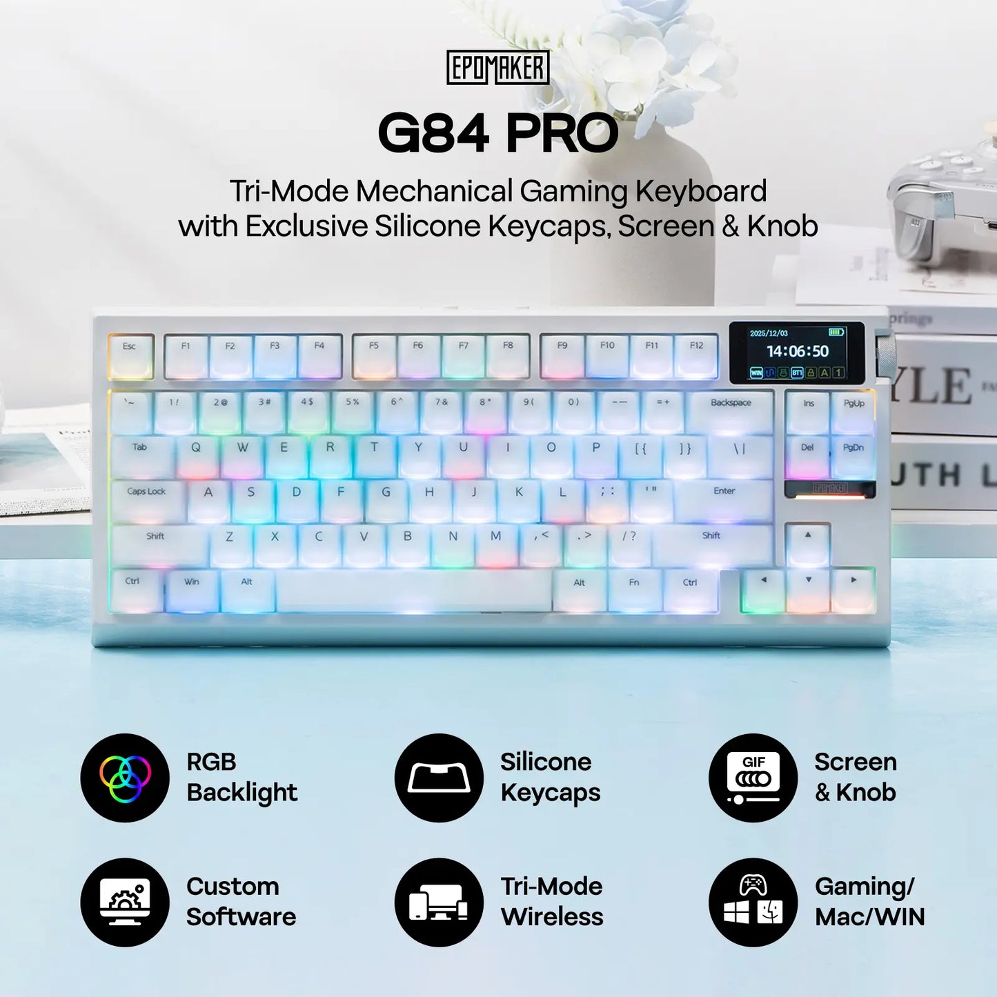 EPOMAKER G84 PRO Wireless Silent Mechanical Gaming Keyboard, 75% 81-Key Gasket Mounted Hot Swappable anti Ghosting Gaming Accessory, Tri-Mode USB-C/BT 5.0/2.4Ghz, Custom Driver, RGB Backlight, Silicone Keycaps, Gaming Accessories, Hot Swappable Keyboard