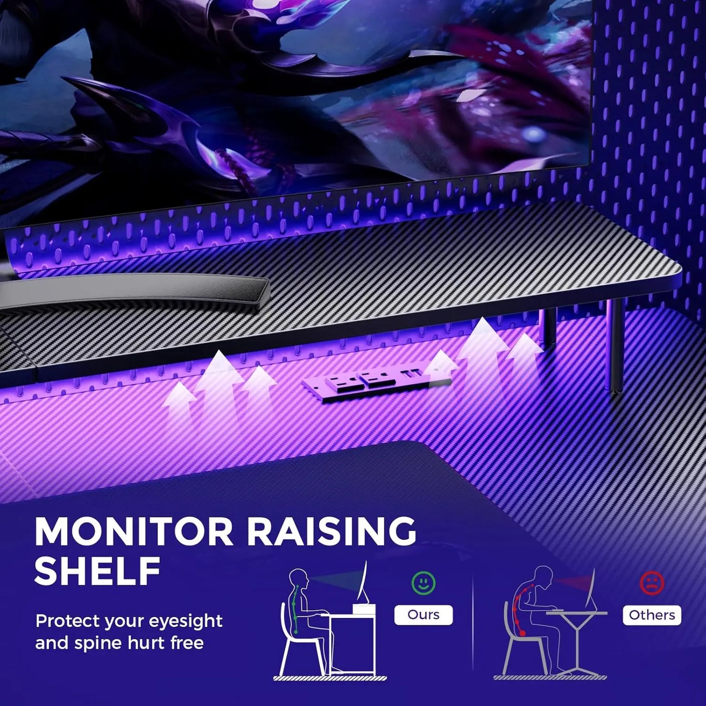 GTRACING 55 Inch Gaming Desk with Ergonomic Monitor Stand & RGB Lighting Carbon Fiber Surface Power Outlets Mouse Pad LED Lights for Home Office Modern Style