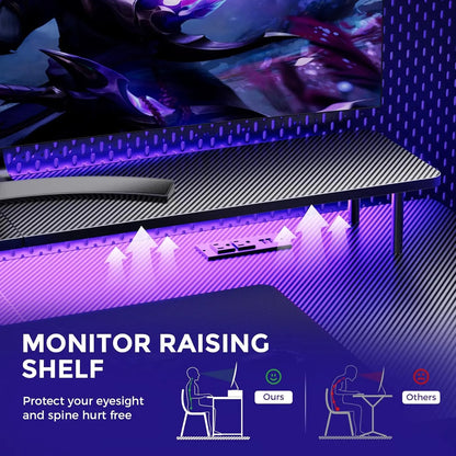 GTRACING 55 Inch Gaming Desk with Ergonomic Monitor Stand & RGB Lighting Carbon Fiber Surface Power Outlets Mouse Pad LED Lights for Home Office Modern Style