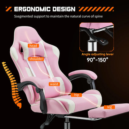Furnest Ergonomic Gaming Office Chair - PU Leather Indoor Furniture Recliner with Height Adjustment, Fixed-Up Armrest, Headrest, Footrest, 360° Swivel, Barstool Design Elements for Game Desks, Computer Use, Gaming Chair