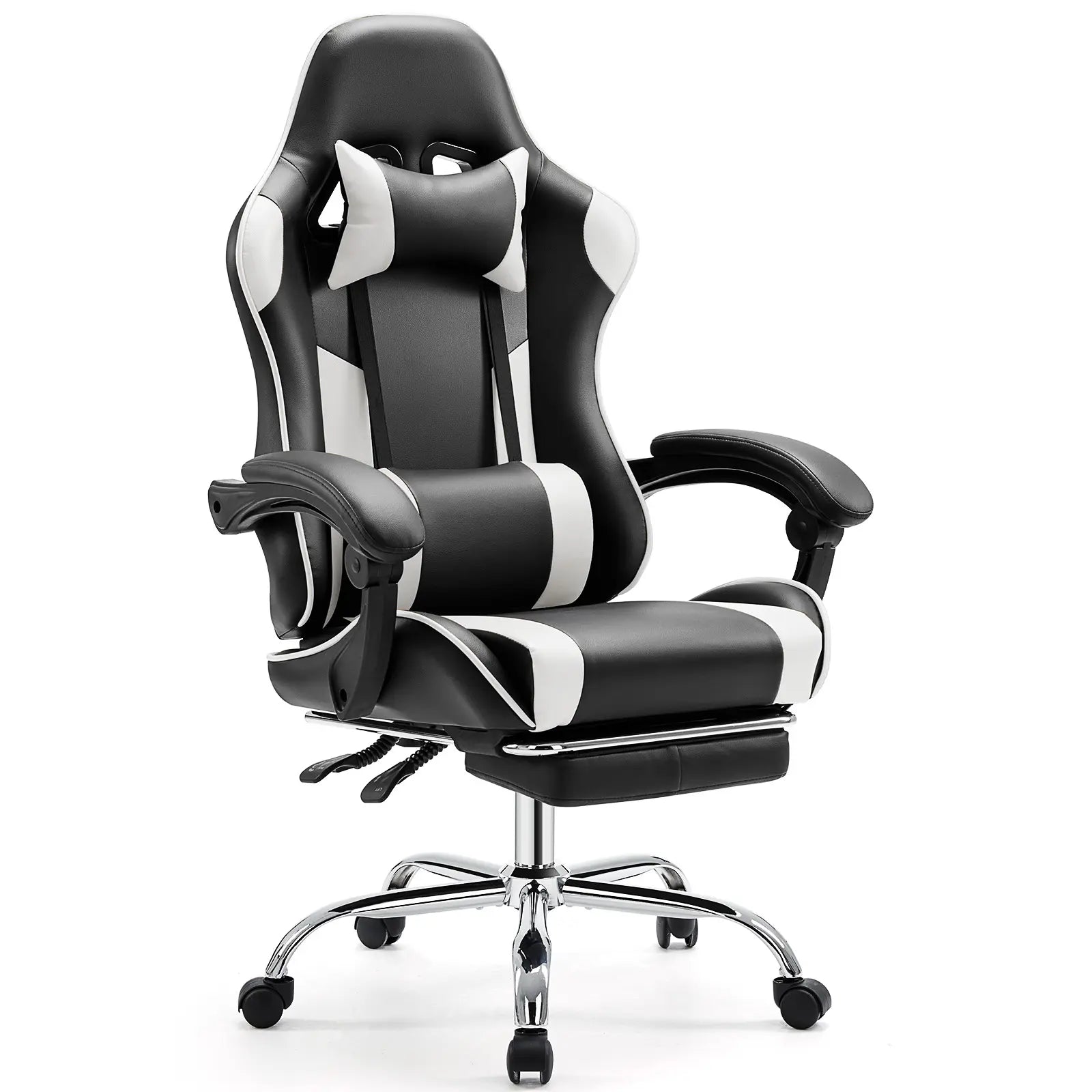 Furnest Ergonomic Gaming Office Chair - PU Leather Indoor Furniture Recliner with Height Adjustment, Fixed-Up Armrest, Headrest, Footrest, 360° Swivel, Barstool Design Elements for Game Desks, Computer Use, Gaming Chair