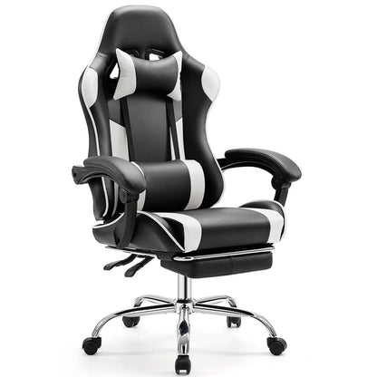 Furnest Ergonomic Gaming Office Chair - PU Leather Indoor Furniture Recliner with Height Adjustment, Fixed-Up Armrest, Headrest, Footrest, 360° Swivel, Barstool Design Elements for Game Desks, Computer Use, Gaming Chair