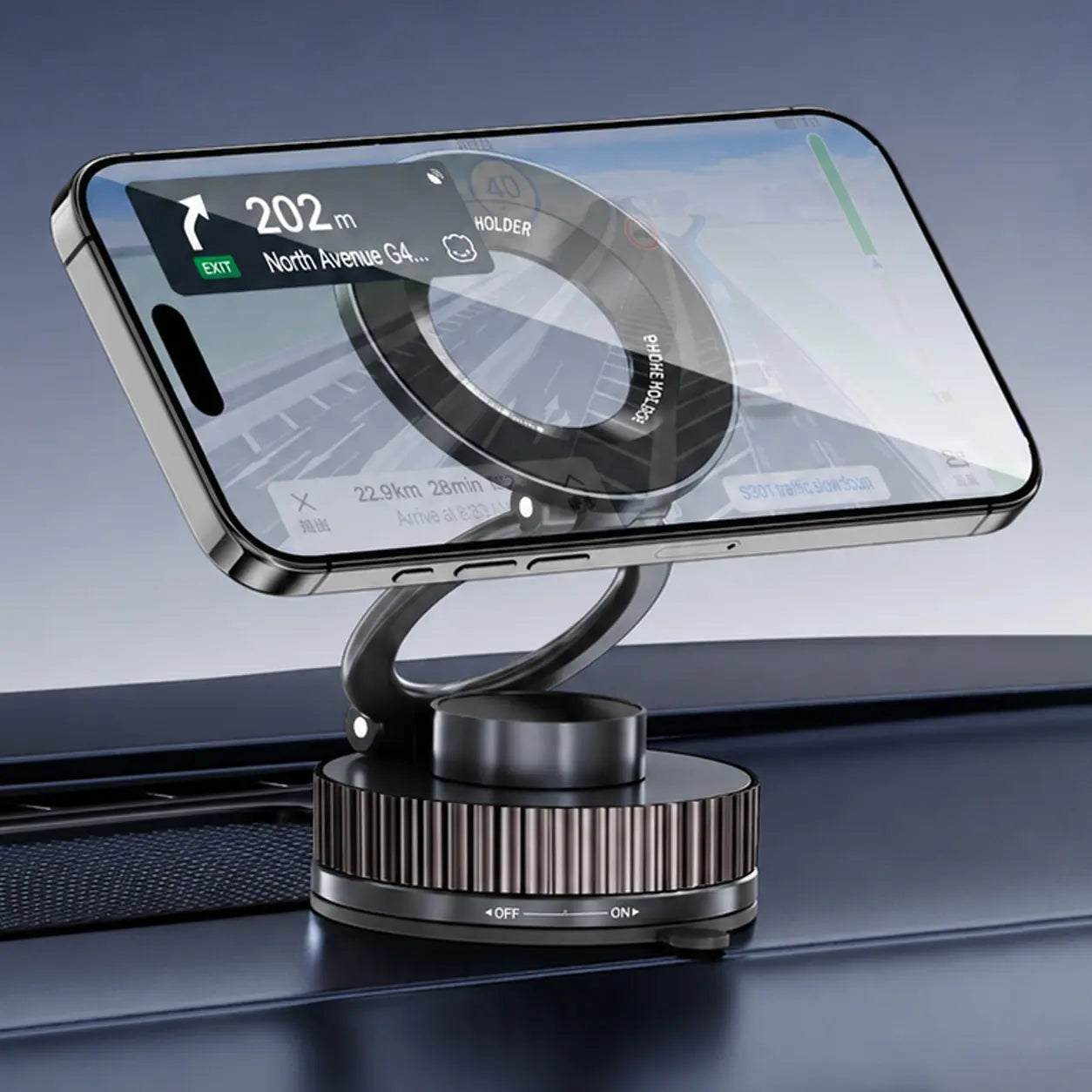 Foldable Magnetic Car Phone Holder for Magsafe Devices - 20 N52 Magnets, 360-Degree Rotation, Vacuum Suction Cup with Heat-Resistant Nano-Adhesive Base, Automotive Interior Accessory