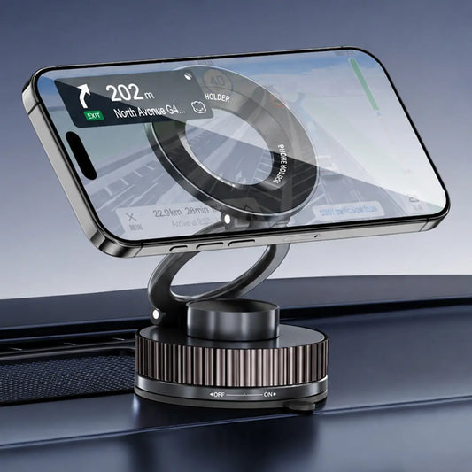 Foldable Magnetic Car Phone Holder for Magsafe Devices - 20 N52 Magnets, 360-Degree Rotation, Vacuum Suction Cup with Heat-Resistant Nano-Adhesive Base, Automotive Interior Accessory