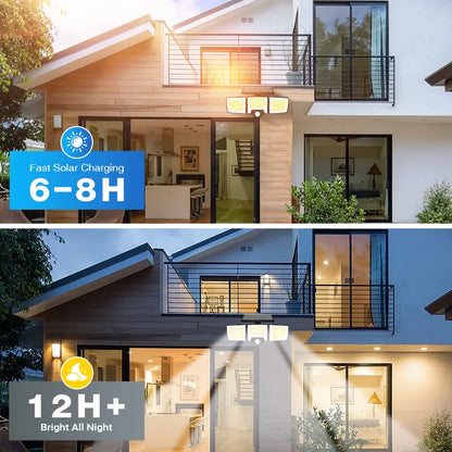 Solar Motion Sensor Outdoor Light 3-Head 216 LED Security Floodlight with Remote Control IP65 Waterproof Adjustable Wall Lamp Solar Powered Exterior Light for Garden Garage Yard Porch Driveway