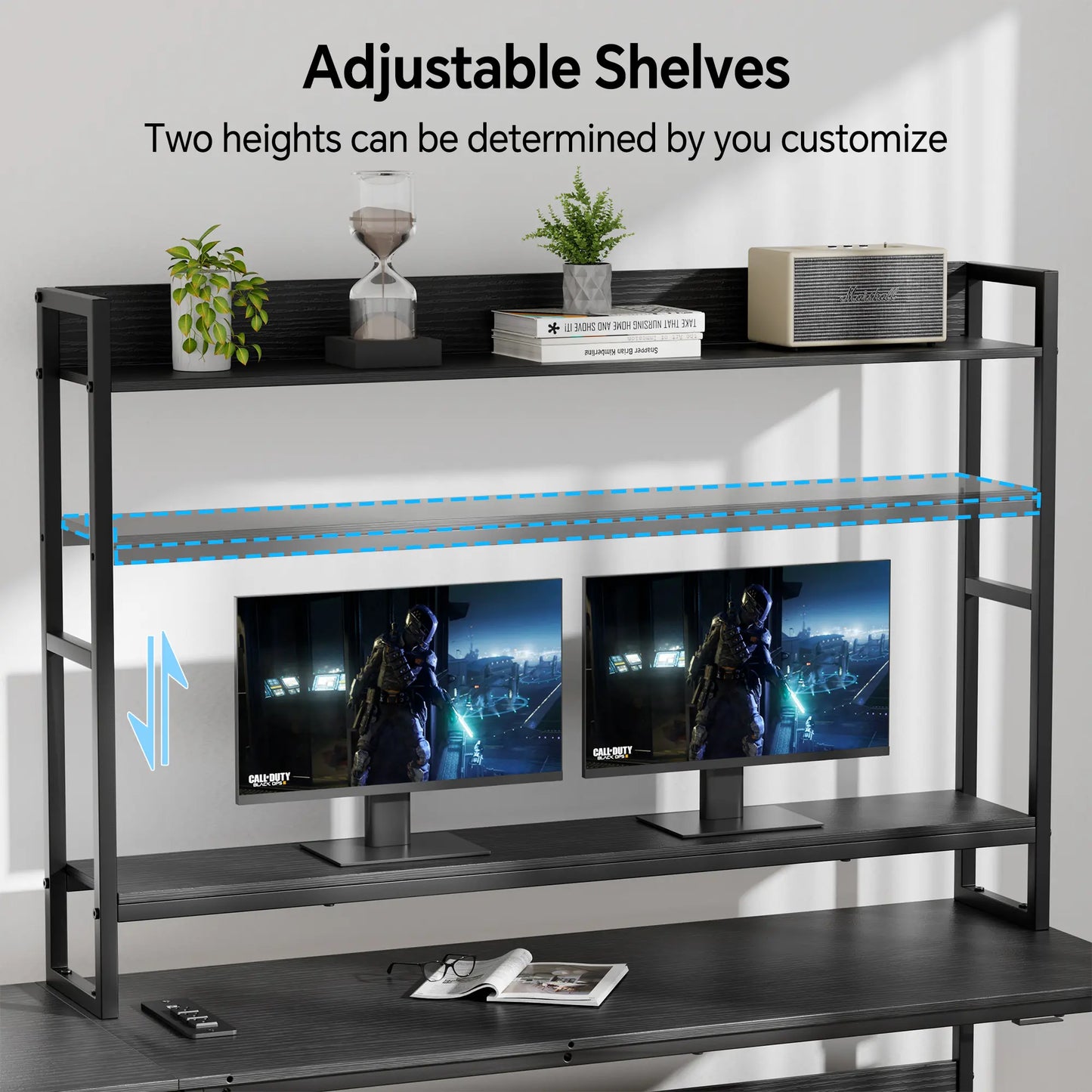 L Shaped Gaming Desk with LED Lights & Power Outlets Computer Desk with Hutch Office Desk with Storage Shelf, Headphone Hook,Cup Holder