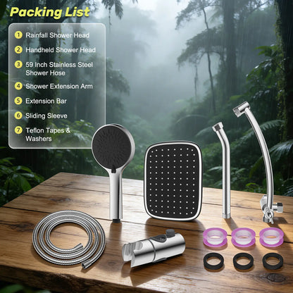 Hibbent Upgraded 10'' Shower Head Combo, High Pressure Rainfall Showerhead with 5 Spray Modes Handheld, All Metal 3-Way Diverter Shower Arm, 59'' Hose and Holder, Height Adjustable Dual Shower Head, Chrome