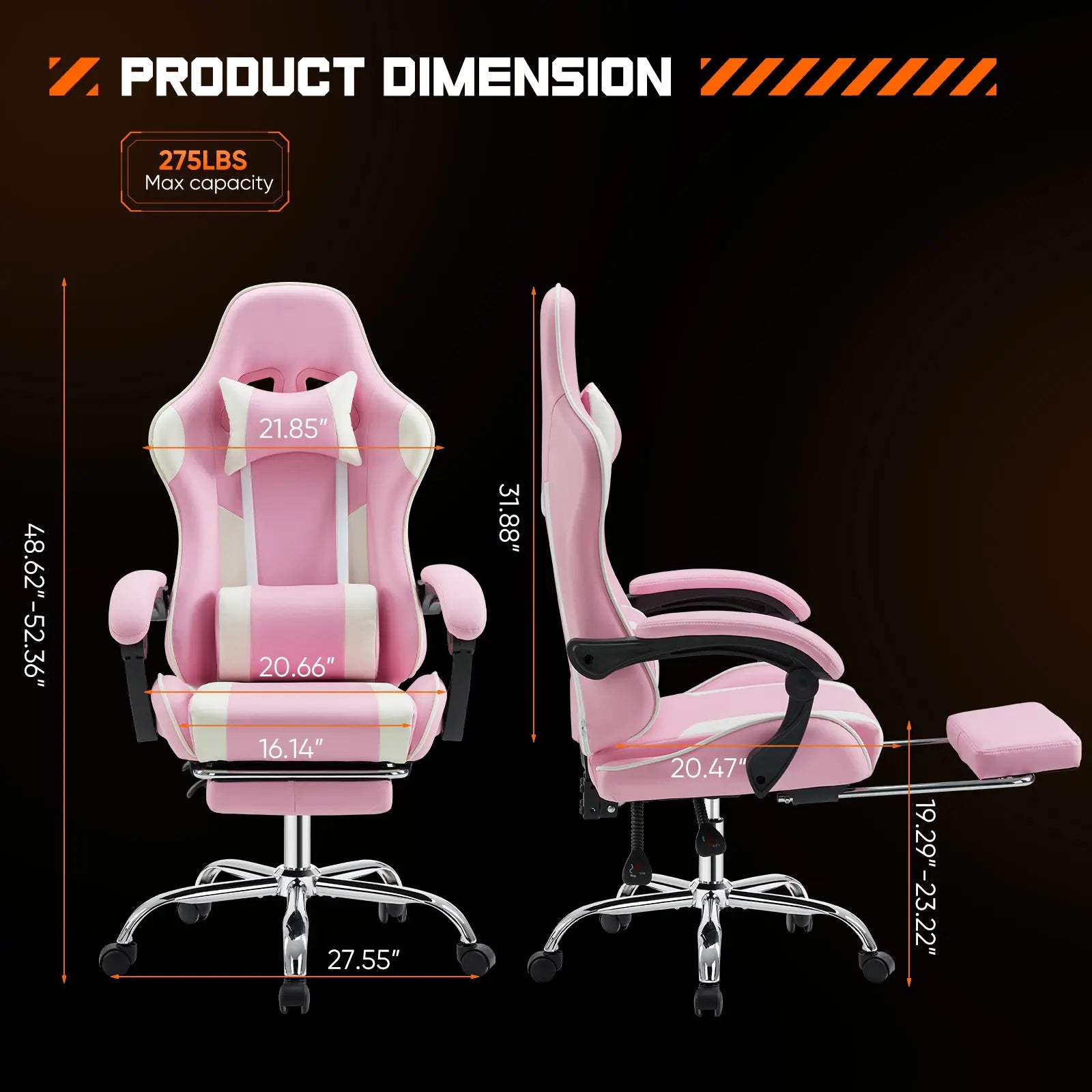 Furnest Ergonomic Gaming Office Chair - PU Leather Indoor Furniture Recliner with Height Adjustment, Fixed-Up Armrest, Headrest, Footrest, 360° Swivel, Barstool Design Elements for Game Desks, Computer Use, Gaming Chair