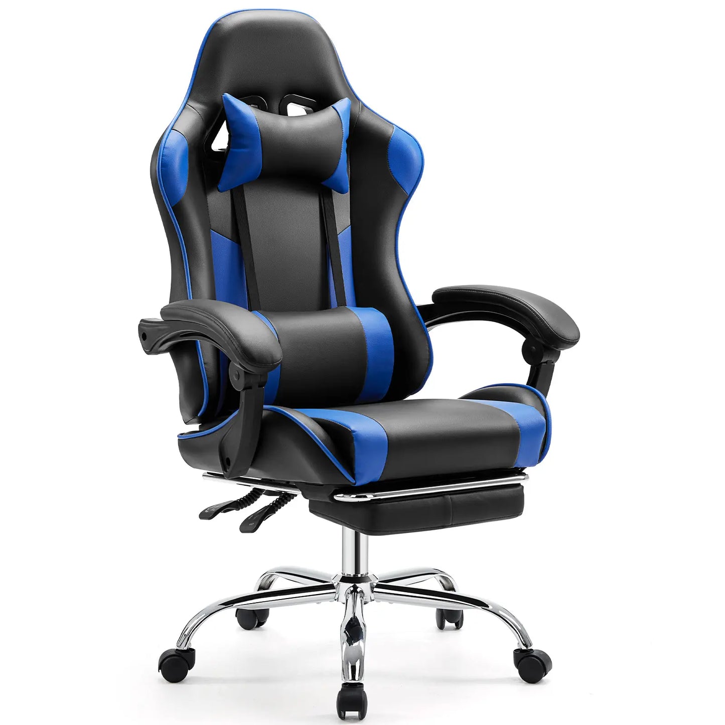 Furnest Ergonomic Gaming Office Chair - PU Leather Indoor Furniture Recliner with Height Adjustment, Fixed-Up Armrest, Headrest, Footrest, 360° Swivel, Barstool Design Elements for Game Desks, Computer Use, Gaming Chair