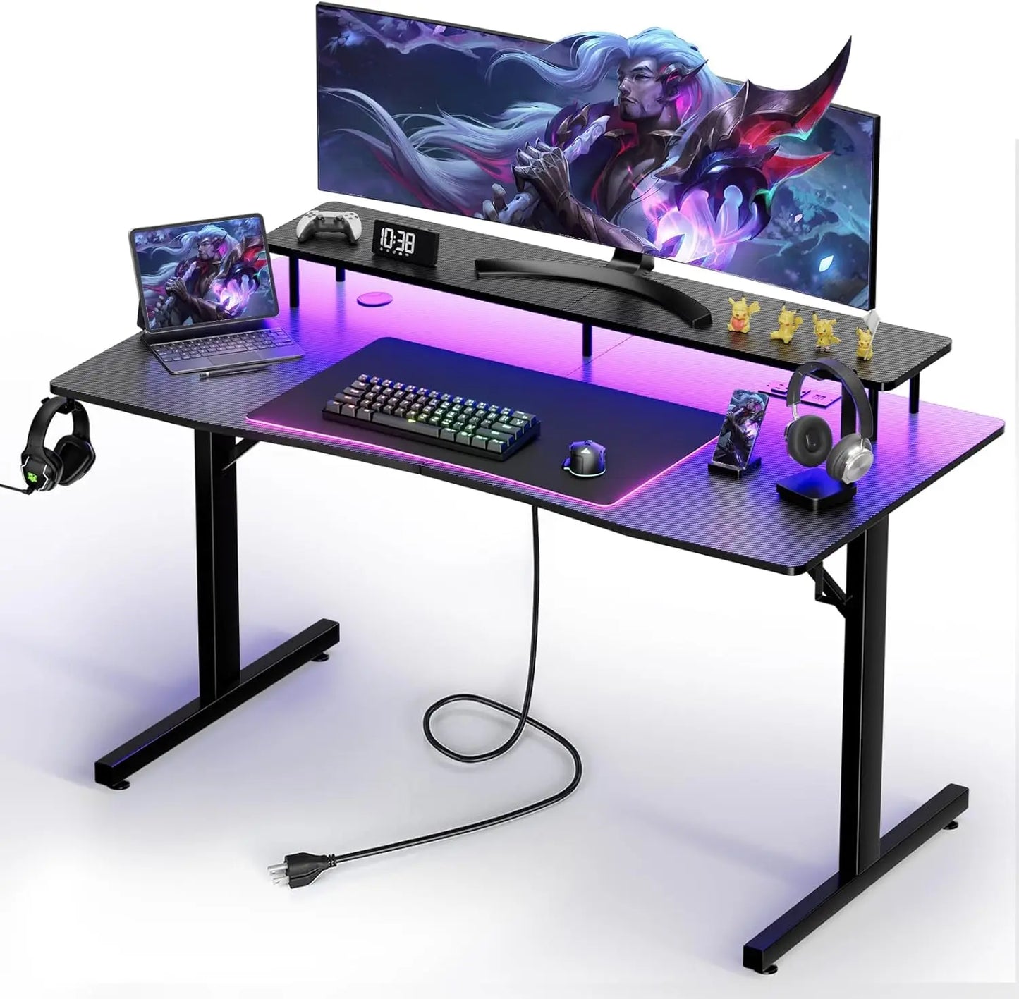 GTRACING 55 Inch Gaming Desk with Ergonomic Monitor Stand & RGB Lighting Carbon Fiber Surface Power Outlets Mouse Pad LED Lights for Home Office Modern Style