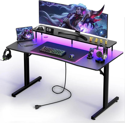GTRACING 55 Inch Gaming Desk with Ergonomic Monitor Stand & RGB Lighting Carbon Fiber Surface Power Outlets Mouse Pad LED Lights for Home Office Modern Style