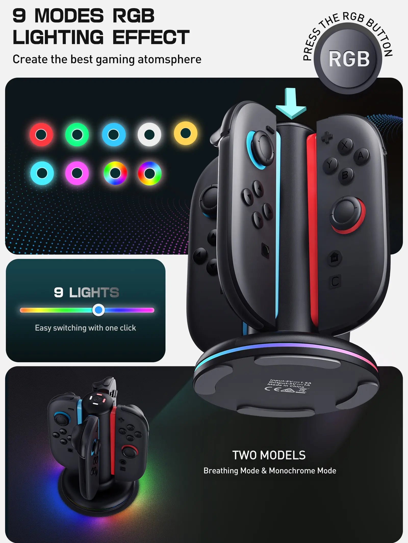 Mumba 4-In-1 Fast Charging Dock for Nintendo Switch Console - Wireless Gaming Controller Connector, 2 Joy-Con Chargers, Magnetic Weighted Base, Bi-Directional Design, LED Indicators, Overcharge Protection