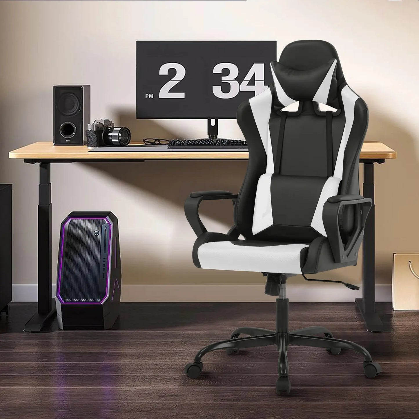 Adjustable High-Back Executive Gaming Chair with Lumbar Support and Rolling Casters for PC Executive High-Back Chair for Gaming and Office with Ergonomic Features, PU Leather