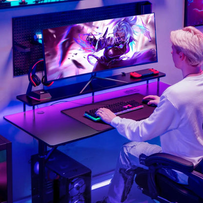 GTRACING 55 Inch Gaming Desk with Ergonomic Monitor Stand & RGB Lighting Carbon Fiber Surface Power Outlets Mouse Pad LED Lights for Home Office Modern Style