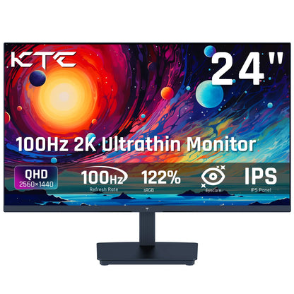 KTC 24" 2K QHD IPS 100Hz Computer Monitor, 2560*1440 1300:1 Contrast, HDR 10 Anti-Blue Light Screen, 122% Srgb, Adaptive Sync, Hdmi2.0/Dp/Earphone for Gaming and Office Working H24T27, 2K Qhd Resolution
