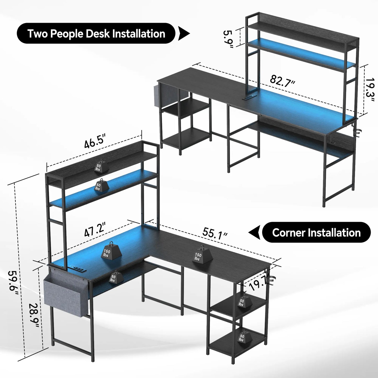 L Shaped Gaming Desk with LED Lights & Power Outlets Computer Desk with Hutch Office Desk with Storage Shelf, Headphone Hook,Cup Holder