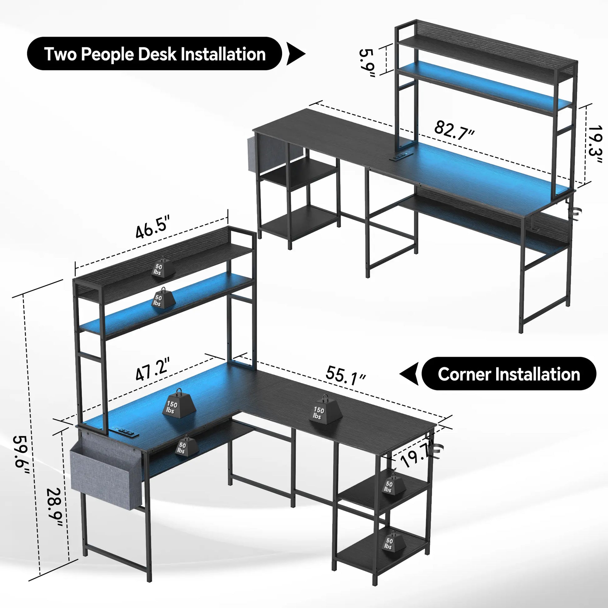L Shaped Gaming Desk with LED Lights & Power Outlets Computer Desk with Hutch Office Desk with Storage Shelf, Headphone Hook,Cup Holder