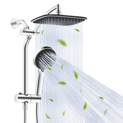 Hibbent Upgraded 10'' Shower Head Combo, High Pressure Rainfall Showerhead with 5 Spray Modes Handheld, All Metal 3-Way Diverter Shower Arm, 59'' Hose and Holder, Height Adjustable Dual Shower Head, Chrome