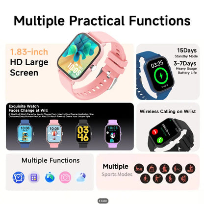 1.83-Inch HD Touchscreen Smartwatch, Wireless Calling/Dialing, Multiple Sports Modes, Call Reminders and Call Rejection Functions, Wearable Device Suitable for Both Men and Women, Perfect Gift for Holidays or Birthdays.