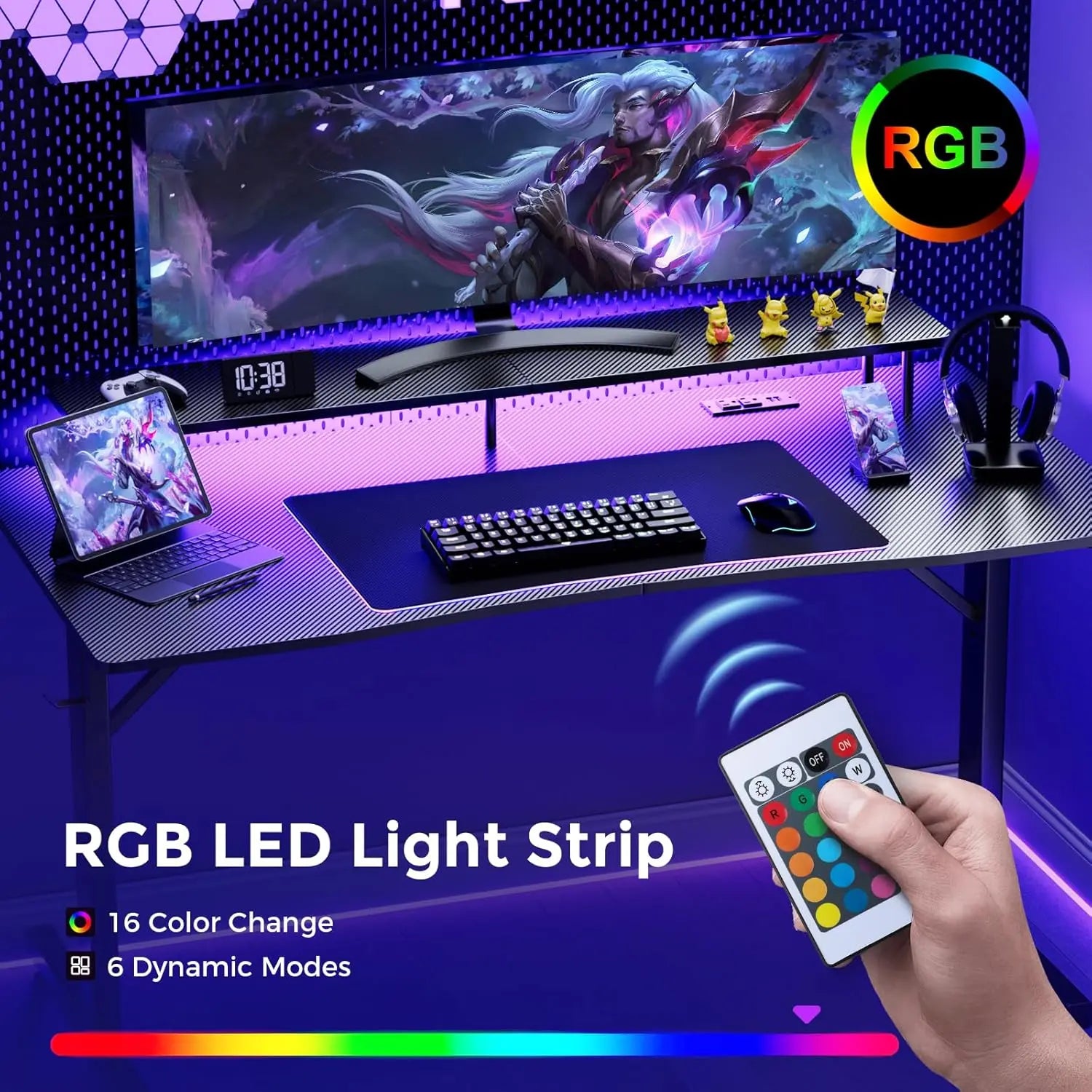 GTRACING 55 Inch Gaming Desk with Ergonomic Monitor Stand & RGB Lighting Carbon Fiber Surface Power Outlets Mouse Pad LED Lights for Home Office Modern Style