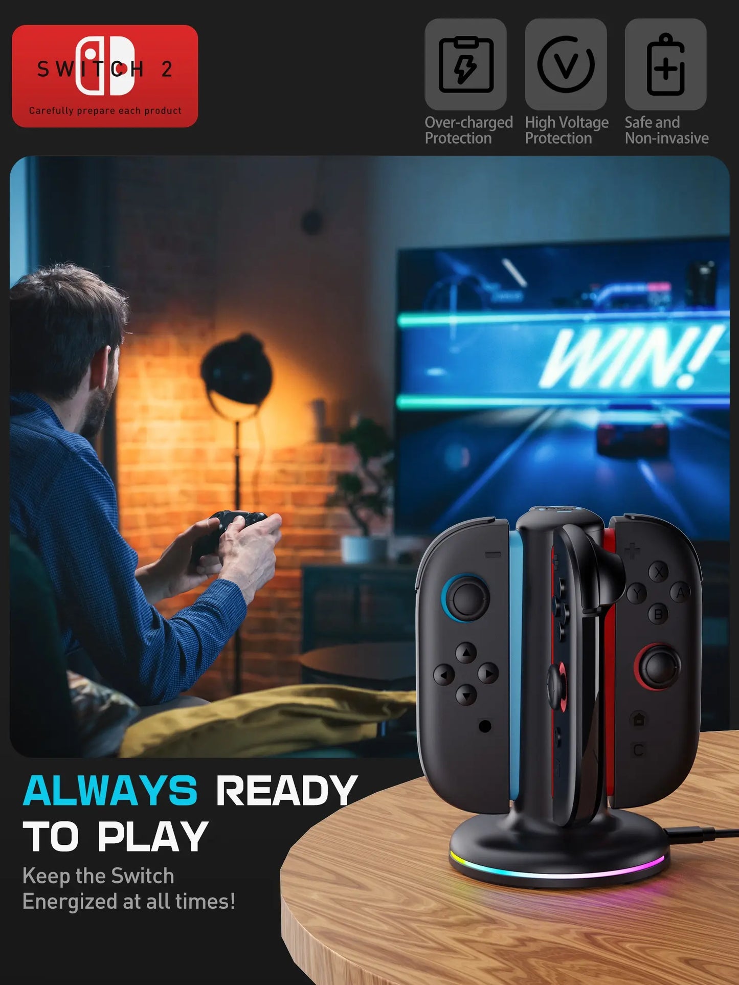 Mumba 4-In-1 Fast Charging Dock for Nintendo Switch Console - Wireless Gaming Controller Connector, 2 Joy-Con Chargers, Magnetic Weighted Base, Bi-Directional Design, LED Indicators, Overcharge Protection