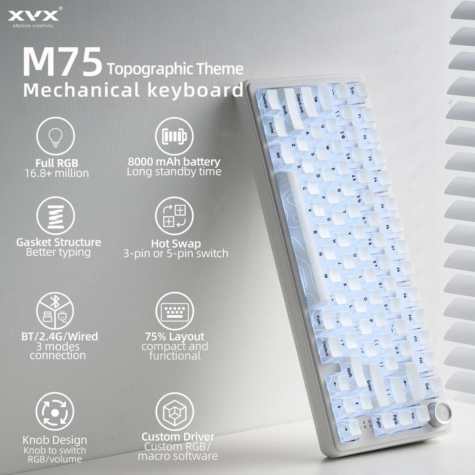 XVX M75 Tri-Mode 75% Mechanical Gaming Keyboard with Knob, Topography Imd-Tech Keycaps, Hot-Swappable, USB Charging, RGB Backlight, PBT Heart Corner Legend Keycaps, Multimedia Scroll Wheel, Creamy Keyboards PC Accessories