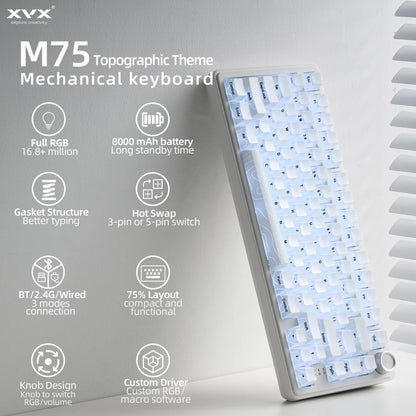 XVX M75 Tri-Mode 75% Mechanical Gaming Keyboard with Knob, Topography Imd-Tech Keycaps, Hot-Swappable, USB Charging, RGB Backlight, PBT Heart Corner Legend Keycaps, Multimedia Scroll Wheel, Creamy Keyboards PC Accessories