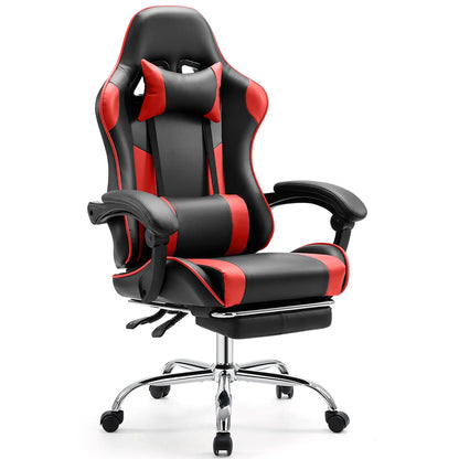 Furnest Ergonomic Gaming Office Chair - PU Leather Indoor Furniture Recliner with Height Adjustment, Fixed-Up Armrest, Headrest, Footrest, 360° Swivel, Barstool Design Elements for Game Desks, Computer Use, Gaming Chair