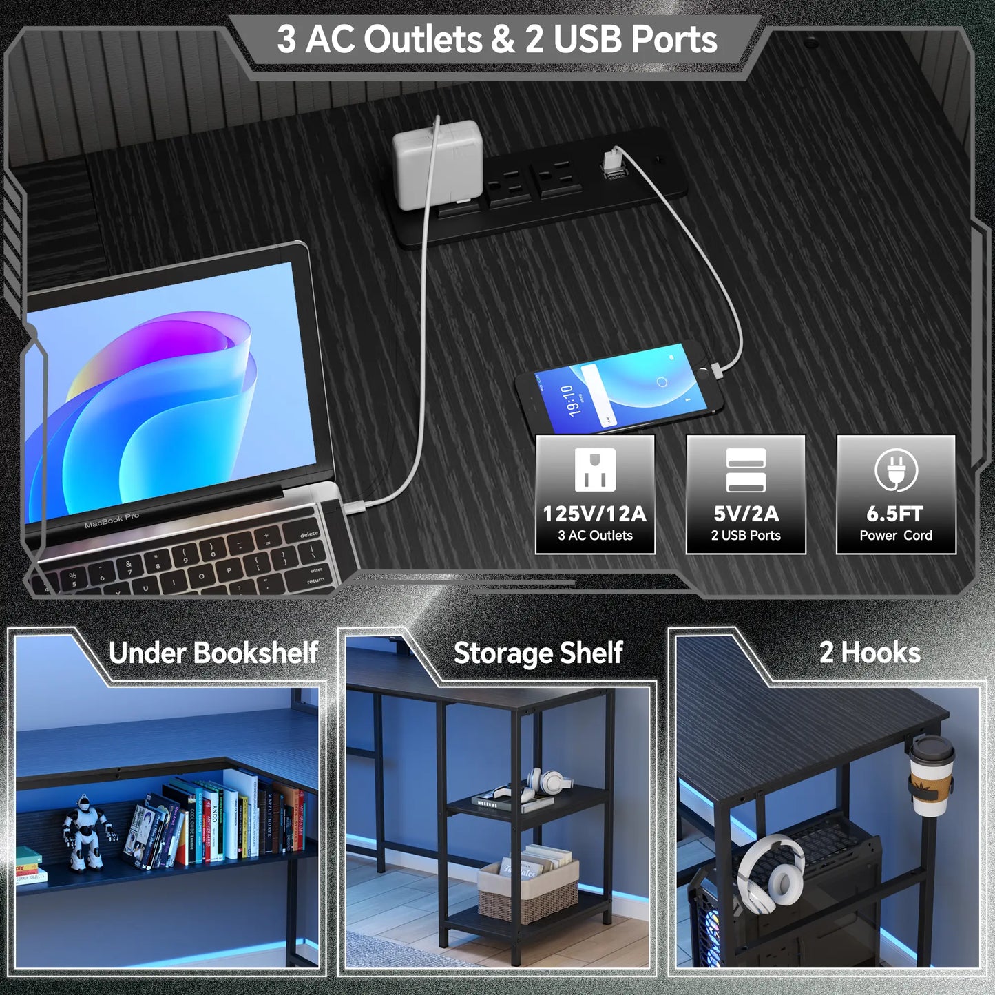 L Shaped Gaming Desk with LED Lights & Power Outlets Computer Desk with Hutch Office Desk with Storage Shelf, Headphone Hook,Cup Holder