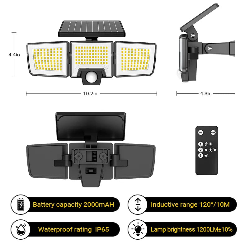 Solar Motion Sensor Outdoor Light 3-Head 216 LED Security Floodlight with Remote Control IP65 Waterproof Adjustable Wall Lamp Solar Powered Exterior Light for Garden Garage Yard Porch Driveway