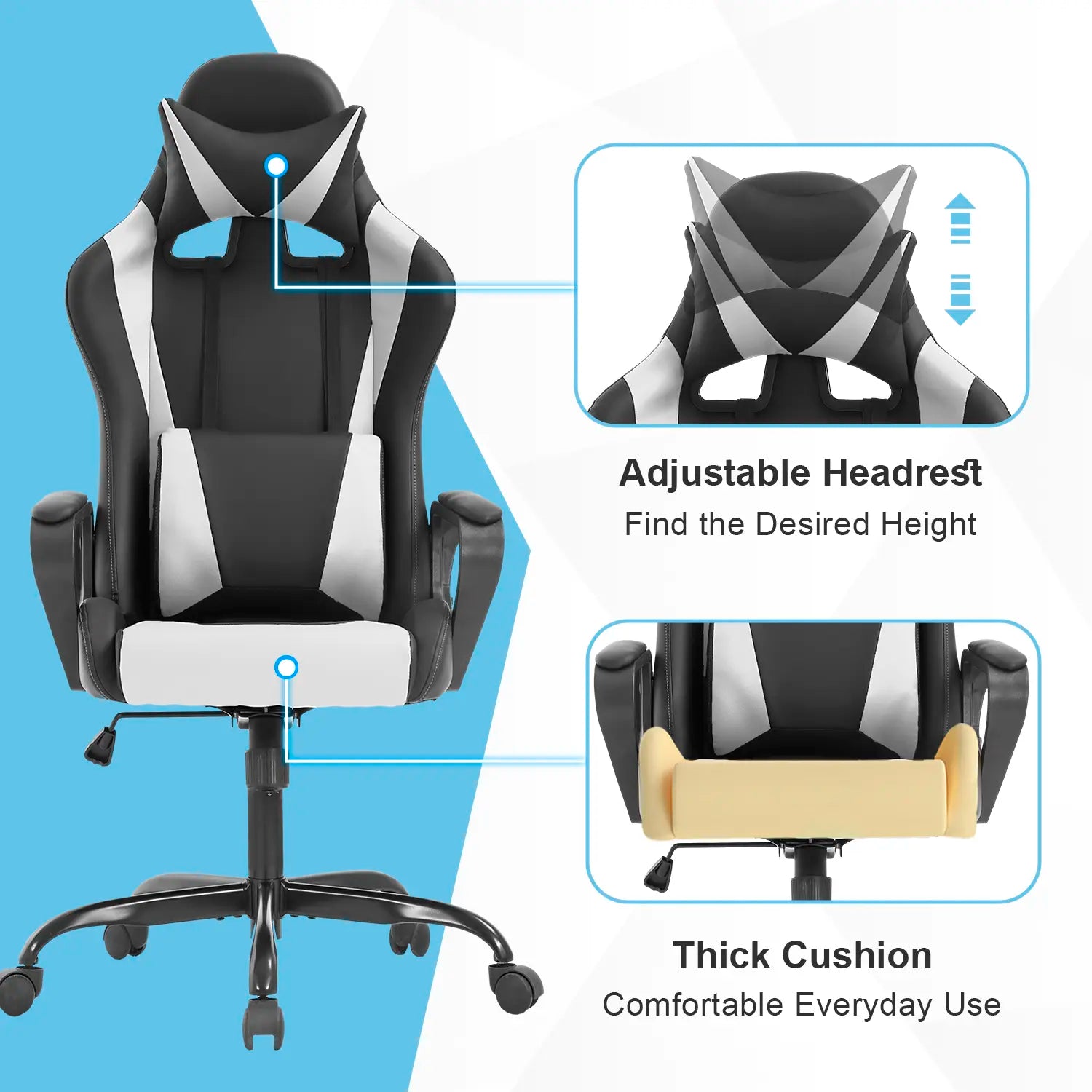 Adjustable High-Back Executive Gaming Chair with Lumbar Support and Rolling Casters for PC Executive High-Back Chair for Gaming and Office with Ergonomic Features, PU Leather