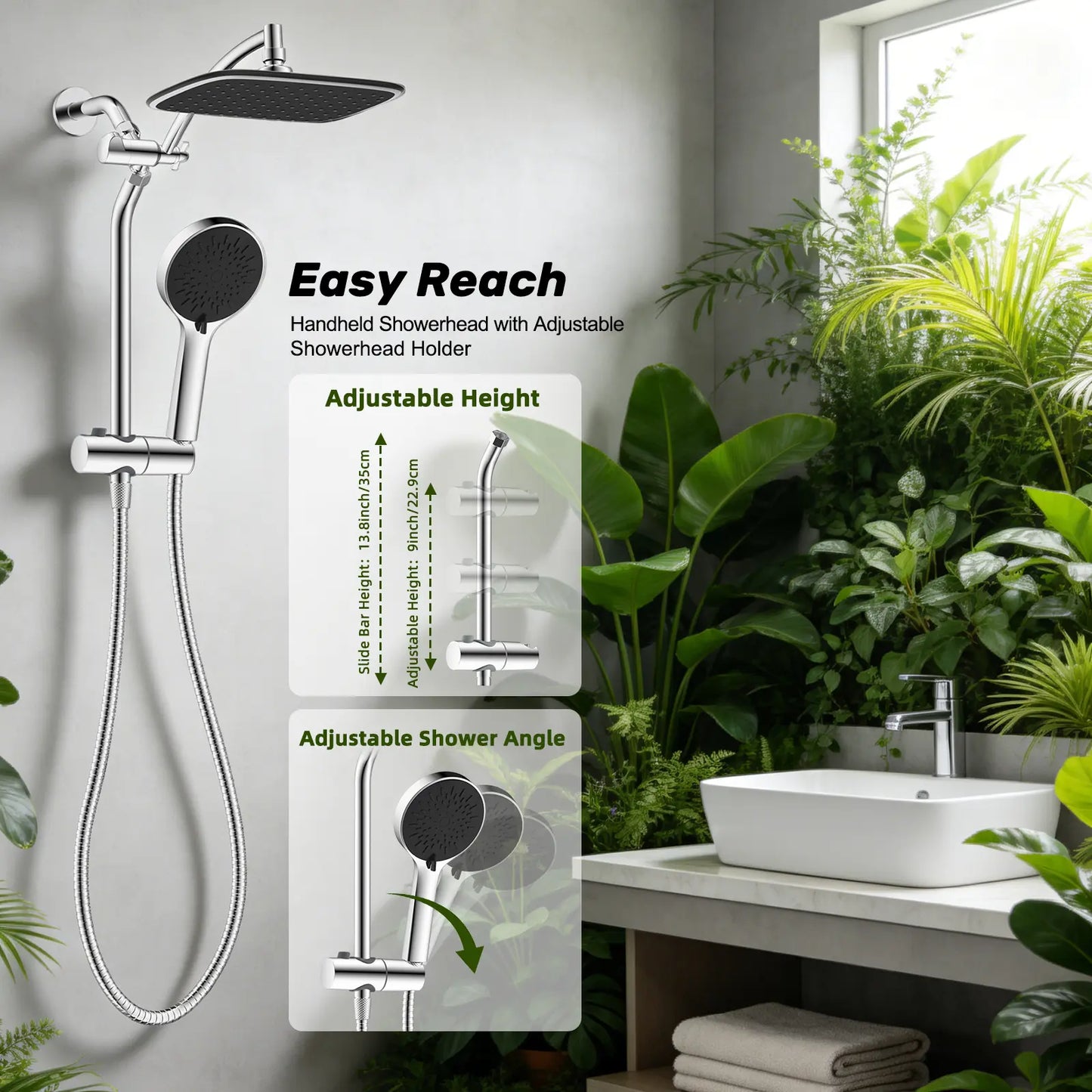 Hibbent Upgraded 10'' Shower Head Combo, High Pressure Rainfall Showerhead with 5 Spray Modes Handheld, All Metal 3-Way Diverter Shower Arm, 59'' Hose and Holder, Height Adjustable Dual Shower Head, Chrome